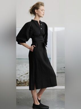 Heidi Merrick Black Textured Lagenlook Puffy Sleeve Midi Dress